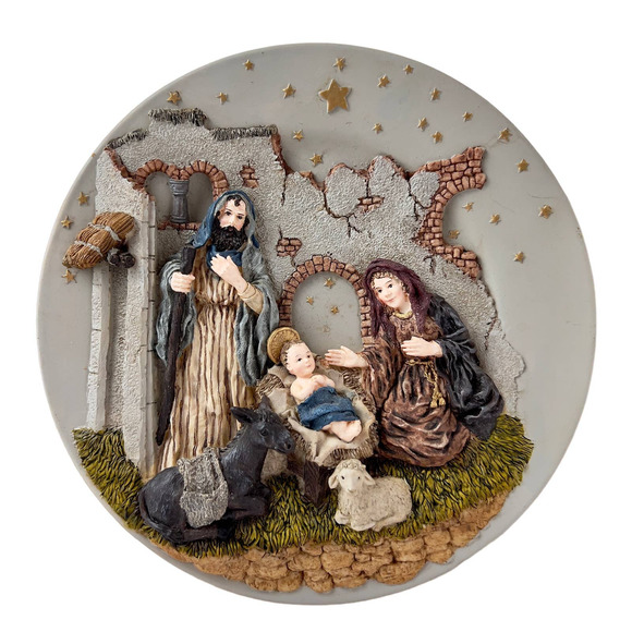 VTG Christmas Nativity Scene 3D Wall Hanging Plate Plaque Mary Joseph Baby Jesus - Picture 1 of 5